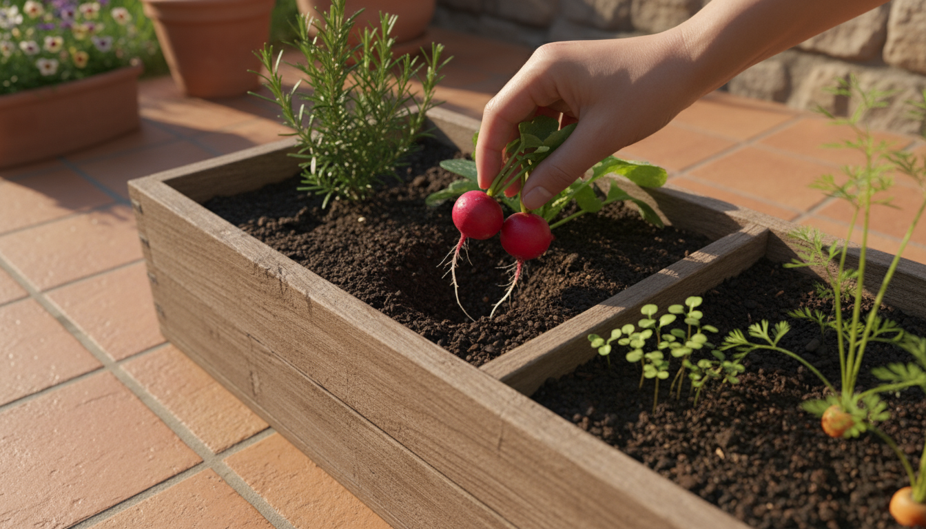 Rustic wicker basket overflowing with fresh produce (tomatoes, basil, peppers) on a stool, surrounded by lush companion-planted containers on a small