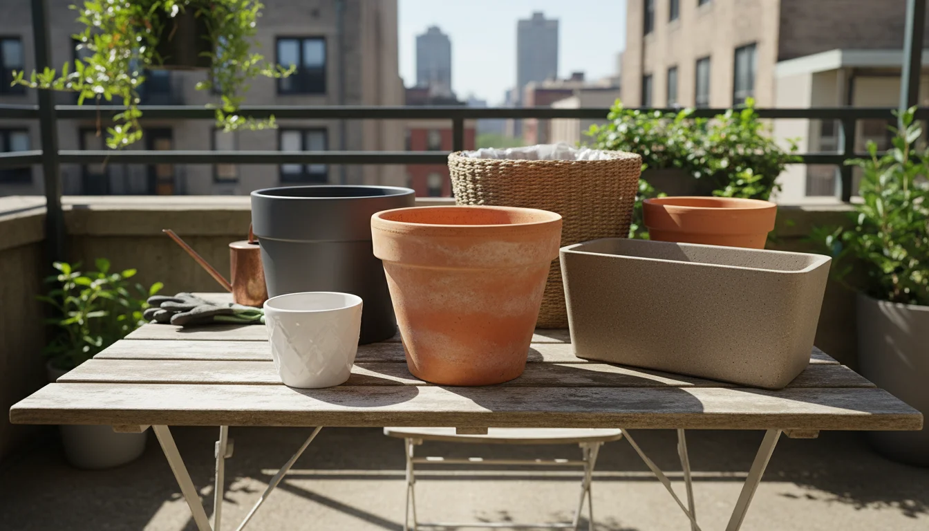 An elevated view of a rustic wooden bistro table on a balcony, displaying five diverse, empty container pots of various materials and sizes. A journal