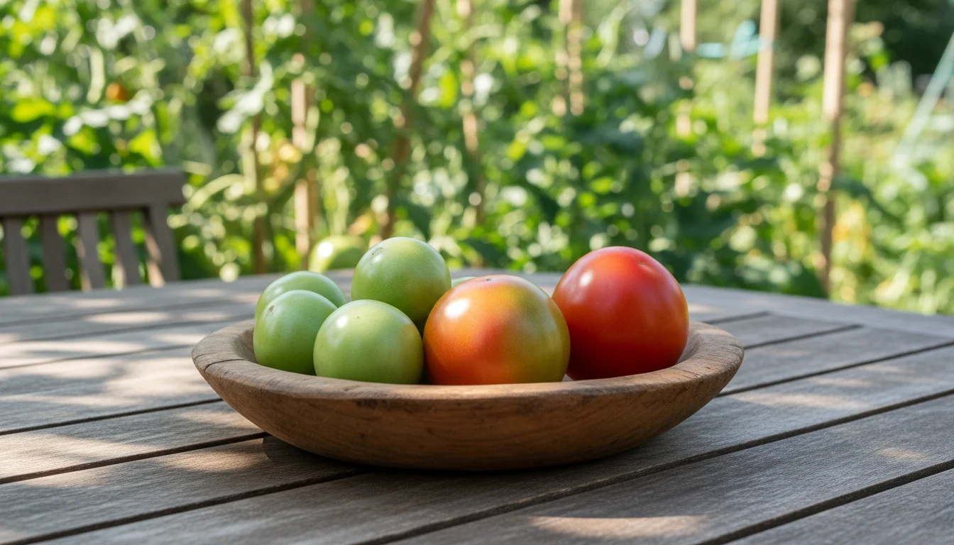 A rustic wooden bowl on a patio table holds green, blushing, and fully red tomatoes, illustrating the ripening process.