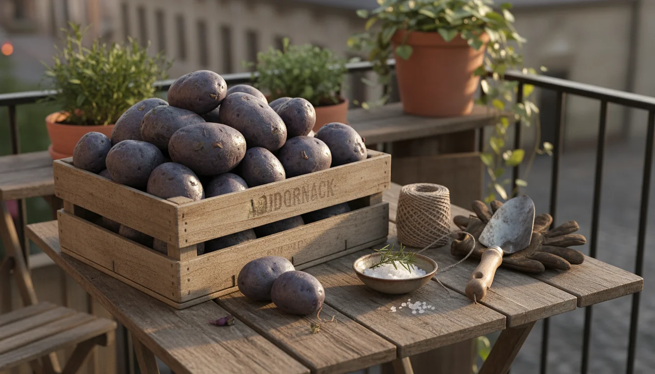 A rustic wooden crate of soil-brushed potatoes next to a white enamel bowl of clean potatoes on a weathered balcony table.