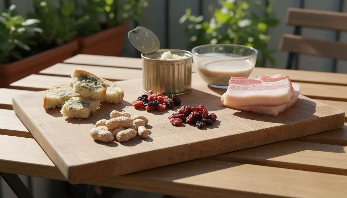 A rustic wooden cutting board on a balcony table displays small piles of stale bread, salted peanuts, a snack wrapper, and an artificial sweetener pac