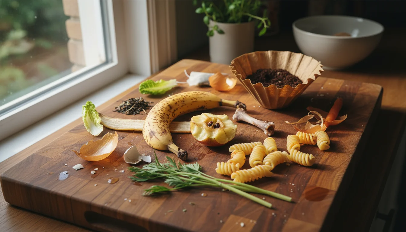 A rustic wooden cutting board holds a neat collection of diverse kitchen scraps: banana peel, apple core, coffee grounds, cooked chicken bone, pasta,