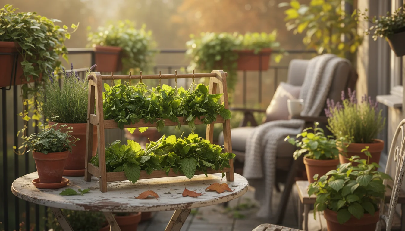 Rustic wooden drying rack on a patio bistro table holding various freshly harvested herbs like mint and lemon balm, air-drying.