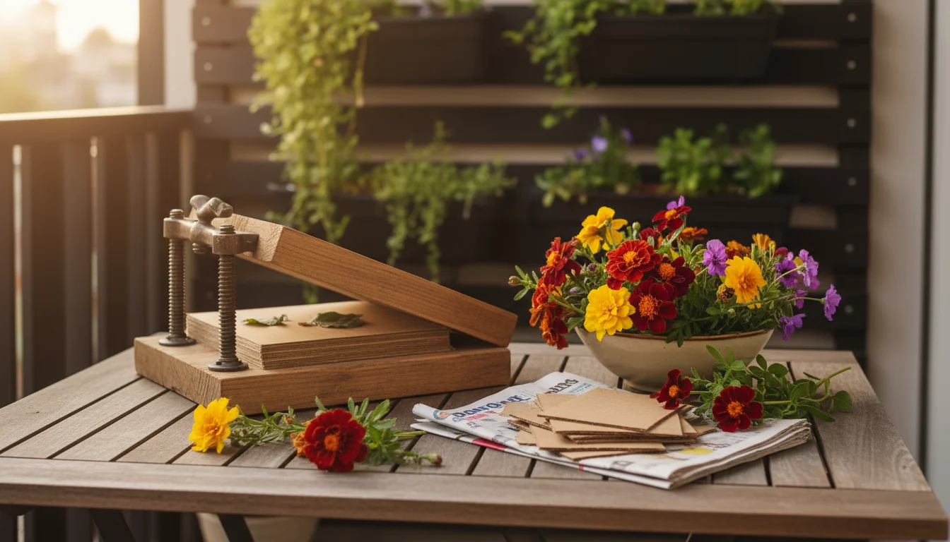 A rustic wooden flower press on a patio table with fall flowers and repurposed newspaper, bathed in warm sunlight.