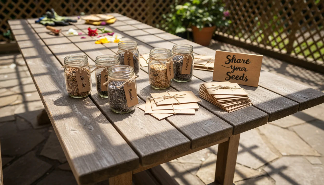 Rustic wooden patio table with repurposed glass jars and paper envelopes filled with garden seeds, ready for sharing. A 