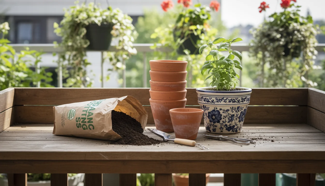 A rustic wooden potting bench holds essential repotting gear: organic soil, terracotta pots, ceramic herb pot, hand trowel, and snips.