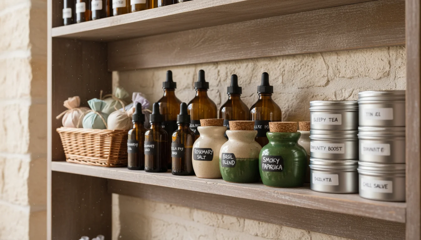 A rustic wooden shelf holds neatly arranged amber glass bottles, ceramic jars, metal tins, and a small basket with fabric sachets of dried herbs.