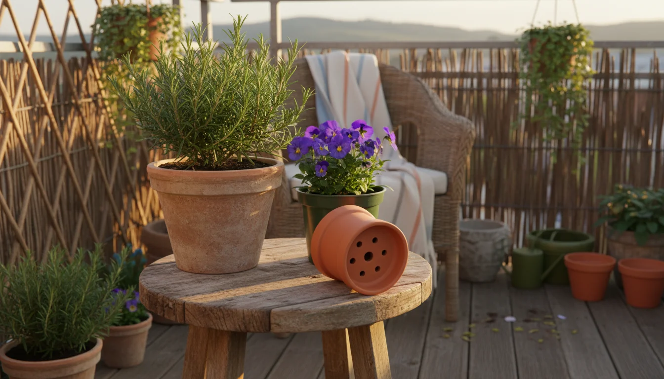A rustic wooden stool on a balcony holds a terracotta pot with rosemary, a plastic pot with violas, and an empty terracotta pot showing drainage holes