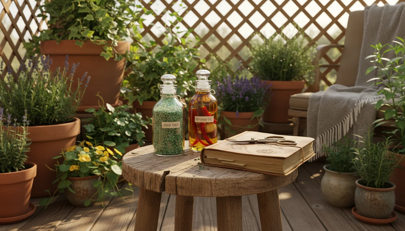 A rustic wooden stool on a sun-dappled balcony holds jars of herb salt and infused oil next to an open gardening journal, surrounded by container plan