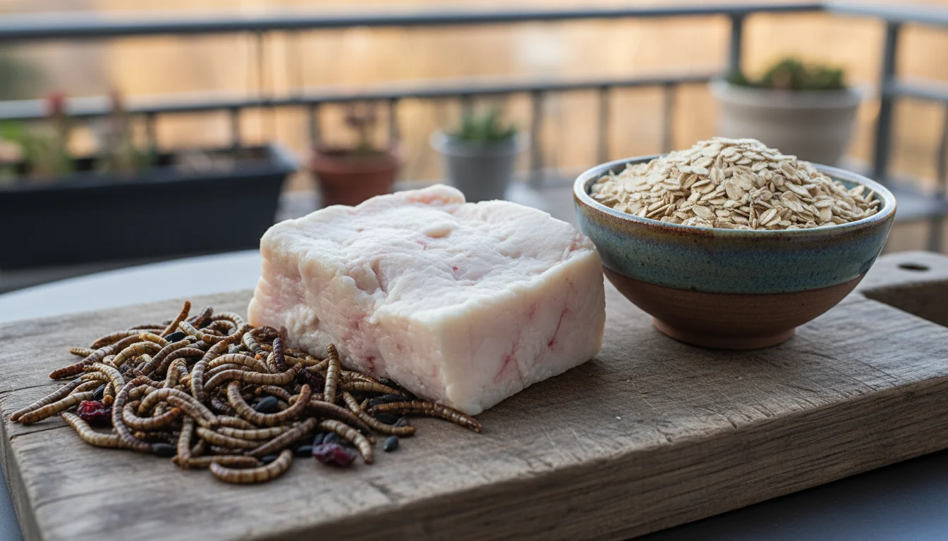A rustic wooden surface holds ingredients for bird suet: a block of fat, a bowl of oats, dried mealworms, and scattered bird seeds.