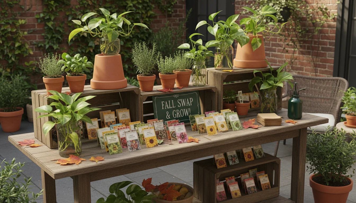 Rustic wooden table holds plant cuttings, potted herbs, and seed packets, elevated by terracotta pots and crates. A spray bottle is visible.