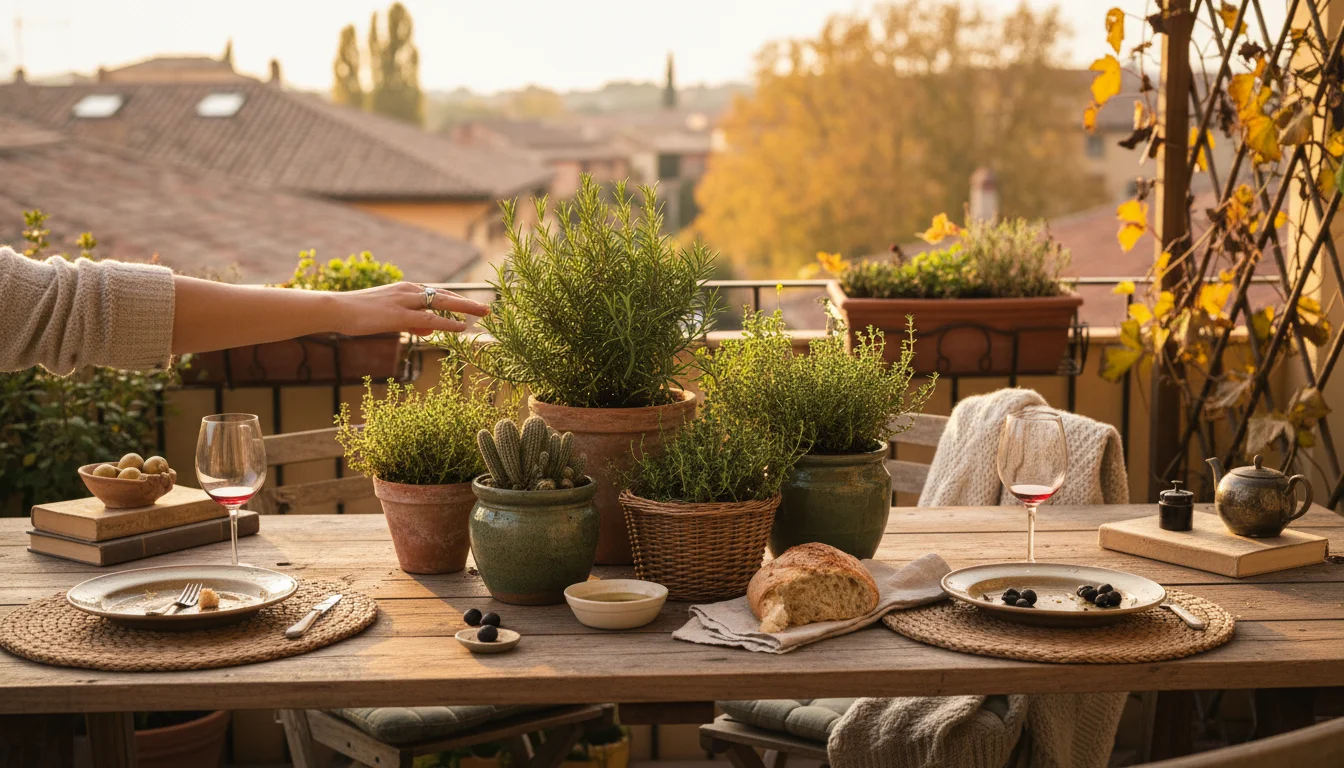 A rustic wooden table on a patio holds a centerpiece of potted herbs and succulents. A hand gently touches a rosemary plant.