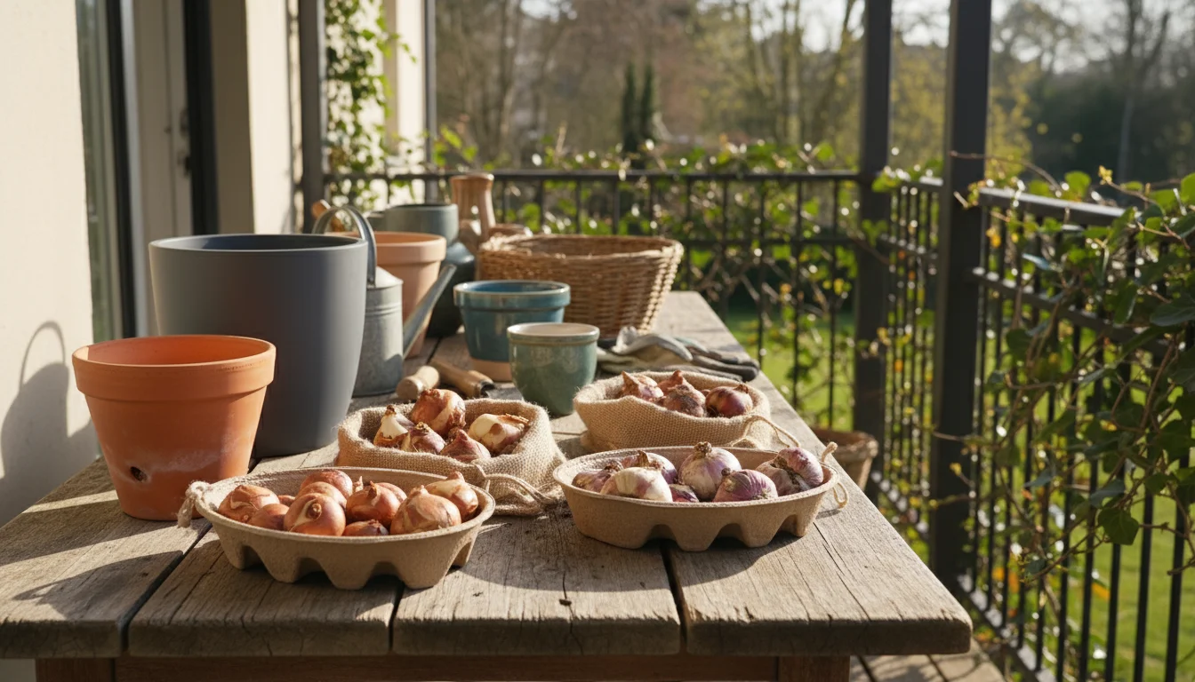 Rustic wooden table displaying various dormant spring bulbs next to empty terracotta, ceramic, and fiber-clay planters.