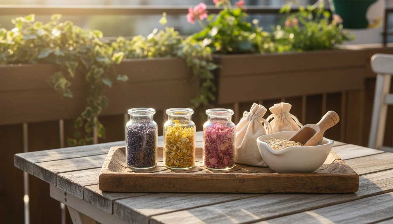 Rustic wooden tray on a balcony table holds glass jars of dried lavender, chamomile, rose petals, muslin bags, oatmeal, and a scoop.