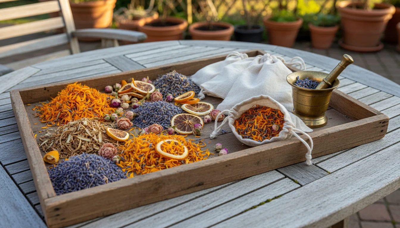 A rustic wooden tray holds colorful dried marigold petals, lavender, rosebuds, and citrus peels for potpourri and sachets.