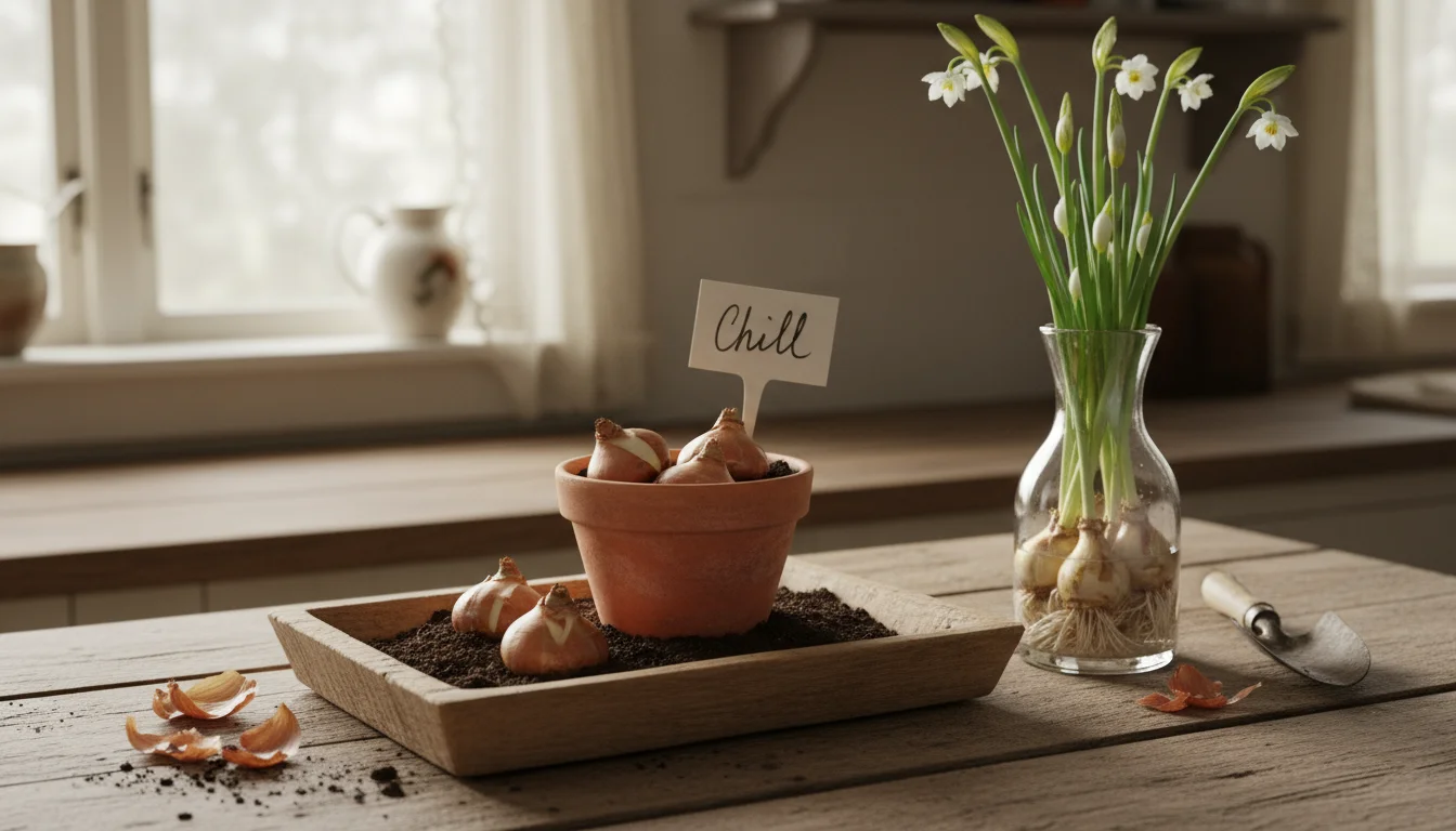 A rustic wooden tray on a kitchen counter, showing a terracotta pot with dormant tulip bulbs beside a glass vase with growing paperwhite shoots.