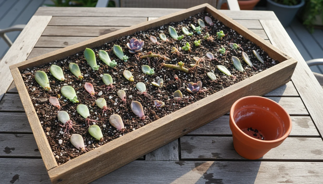 Rustic wooden tray on a table, filled with soil and various succulent leaf and stem cuttings.