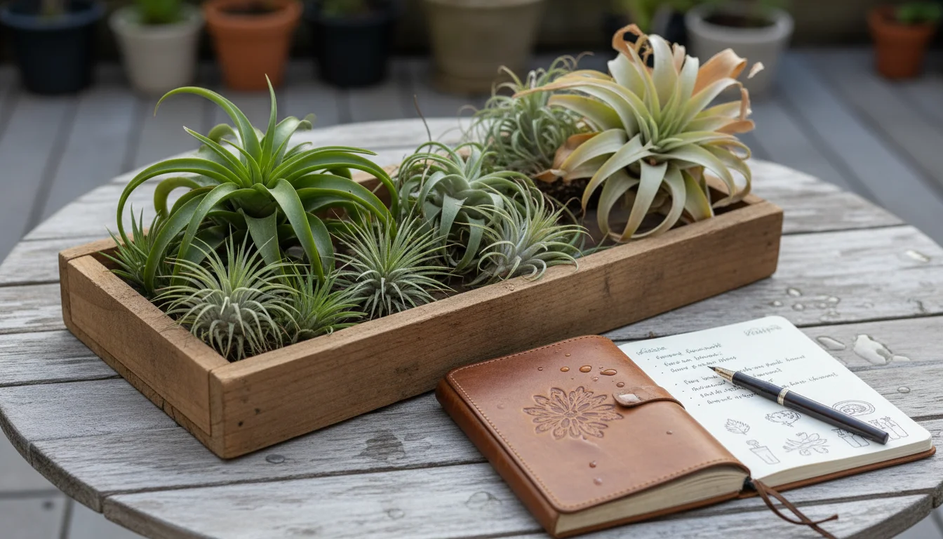 A rustic wooden tray on a weathered patio table holds various Tillandsia air plants, some healthy, some with dry tips. A journal and pen sit beside it