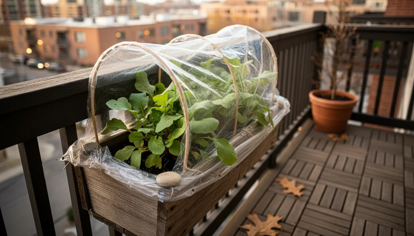 A rustic wooden window box on a patio railing contains healthy green radish plants under a homemade clear plastic cold frame, suggesting extended harv