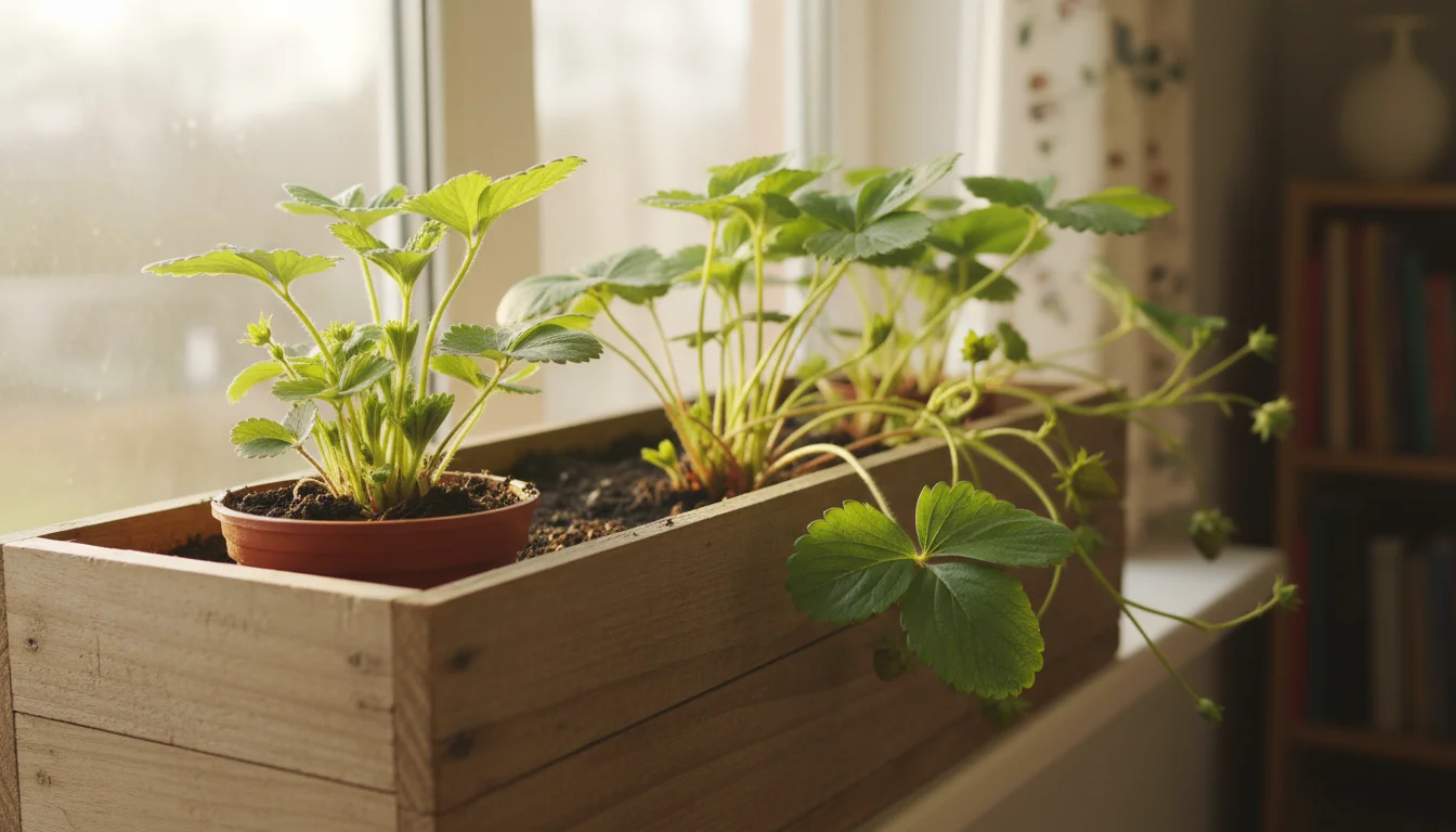 A rustic wooden window box on a sill with young strawberry plants, showing compact growth on the left and emerging runners on the right.
