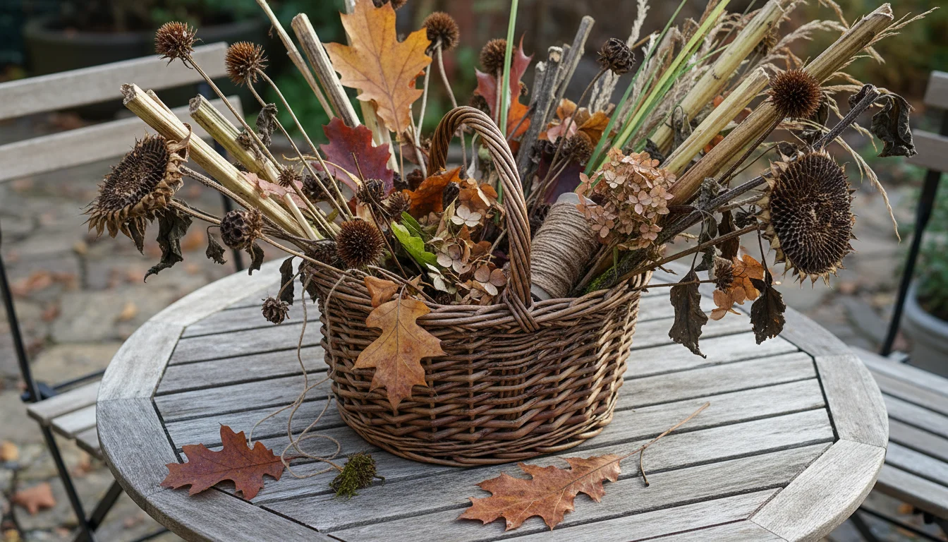 A rustic woven basket filled with dried hollow plant stems, pine cones, twigs, and leaves on a weathered wooden balcony railing.