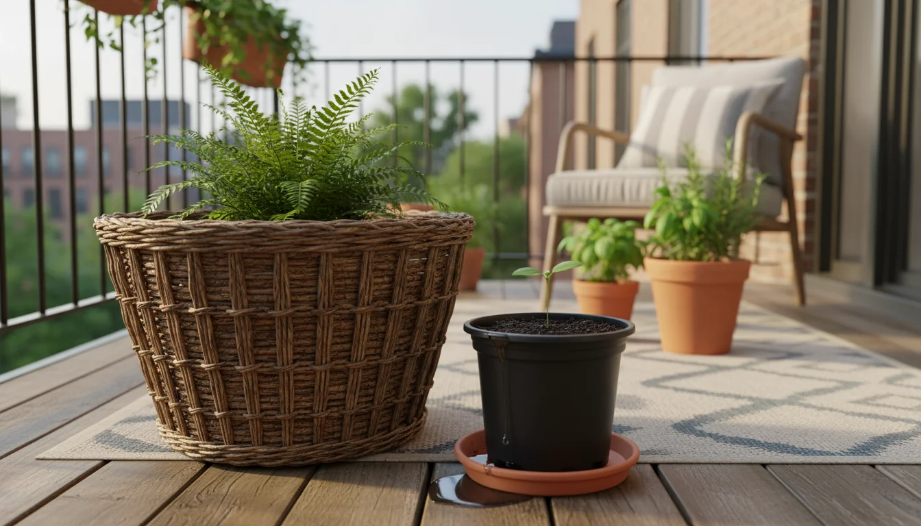Rustic woven basket with a lush green plant on a balcony, its black plastic liner pot removed and draining on a saucer next to it.