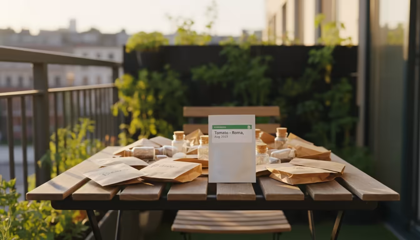 Scattered, unlabeled seed envelopes and vials on a small wooden balcony table under warm afternoon light, contrasting with one clearly labeled packet.