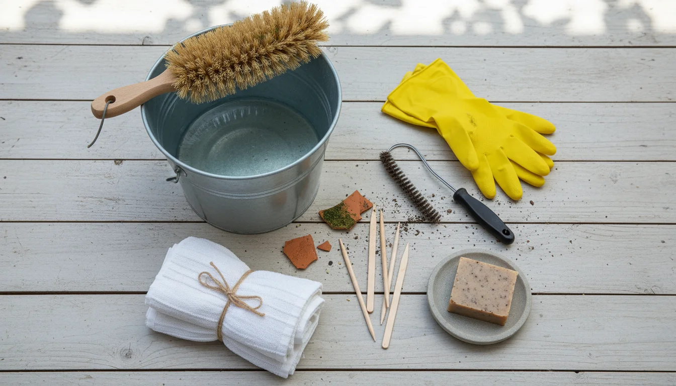Scrub brush, rubber gloves, bucket, dish soap, and white vinegar sit on a patio surface, ready to clean terracotta pots.