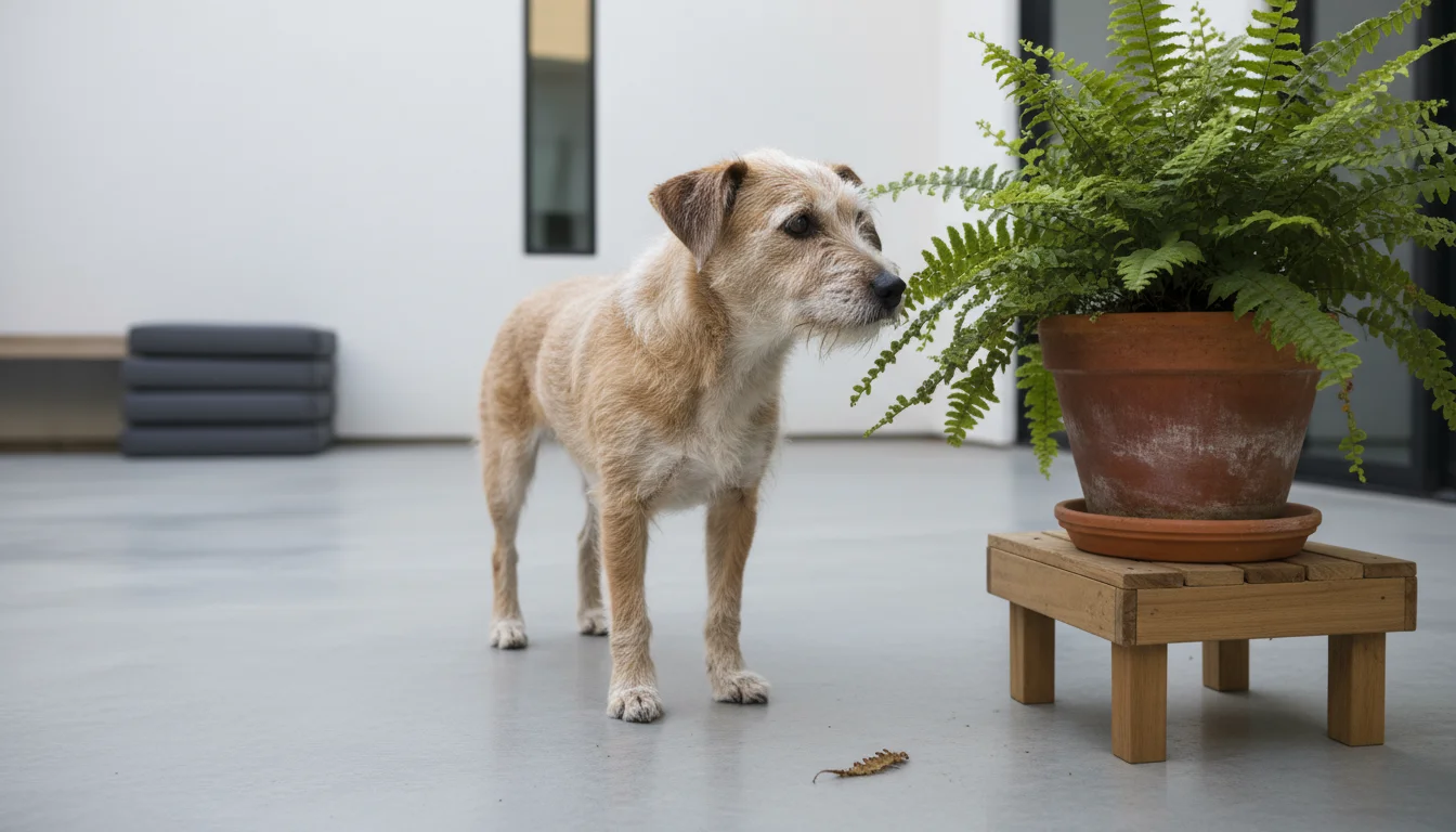 A scruffy terrier mix dog investigates a Boston fern in a terracotta pot on a patio, a subtle chew mark and fallen leaf visible.