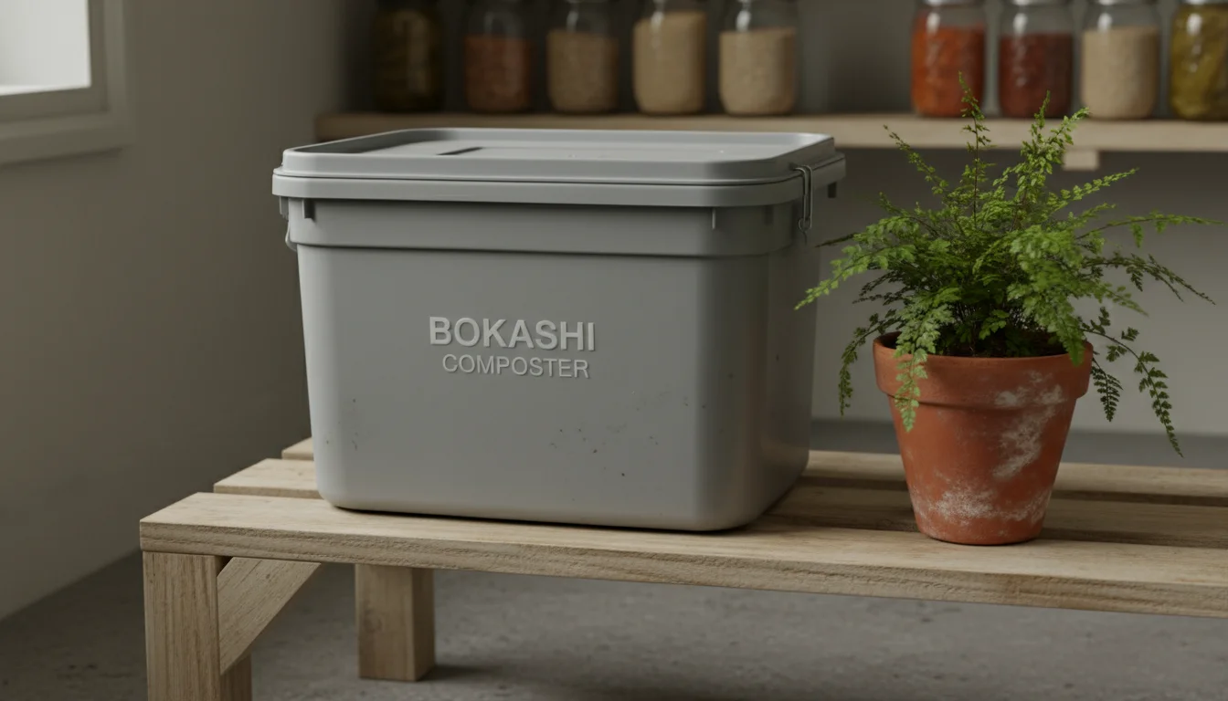 A sealed bokashi bucket sitting on a simple wooden shelf in a softly lit pantry corner, with a small houseplant nearby.