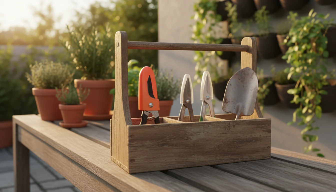 Securely stored gardening tools: hand pruners with a blade sheath, snips with a cover, and a trowel in a wooden patio caddy.