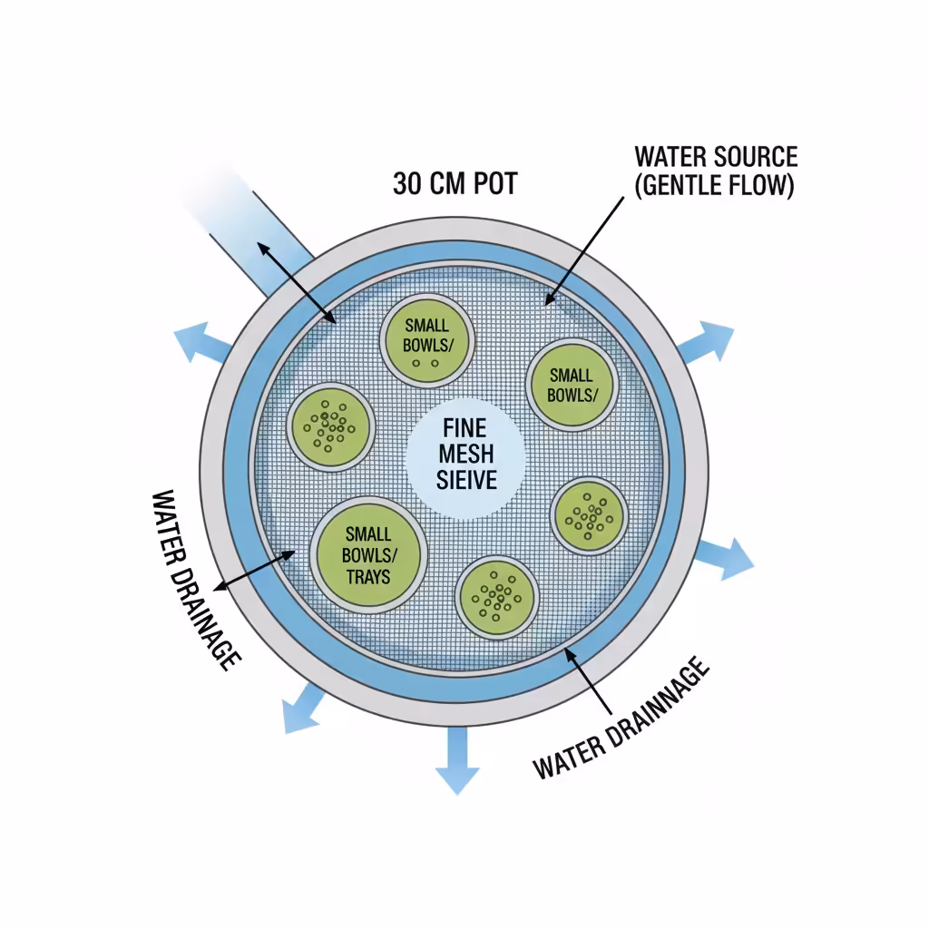 Seed collecting pot diagram. Water flows through mesh into a 30 cm pot.