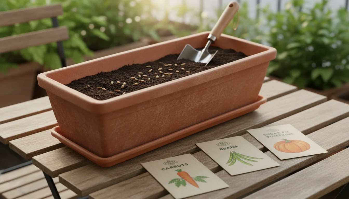 Seed packets for carrots, beans, and pumpkins laid next to a deep terracotta window box filled with soil on a rustic patio table.
