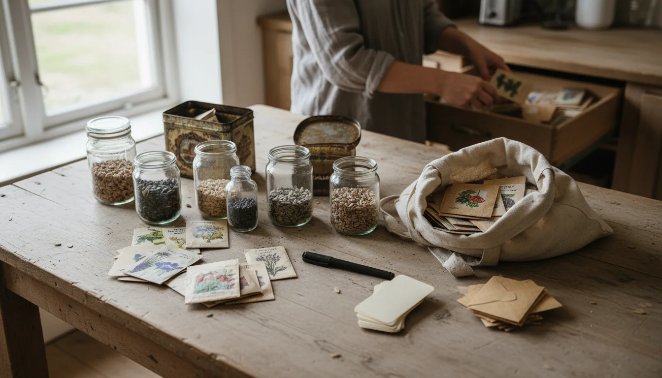 Elevated view of seed packets, jars, labels, and marker on a wooden table. A person reaches into a drawer for more seeds.