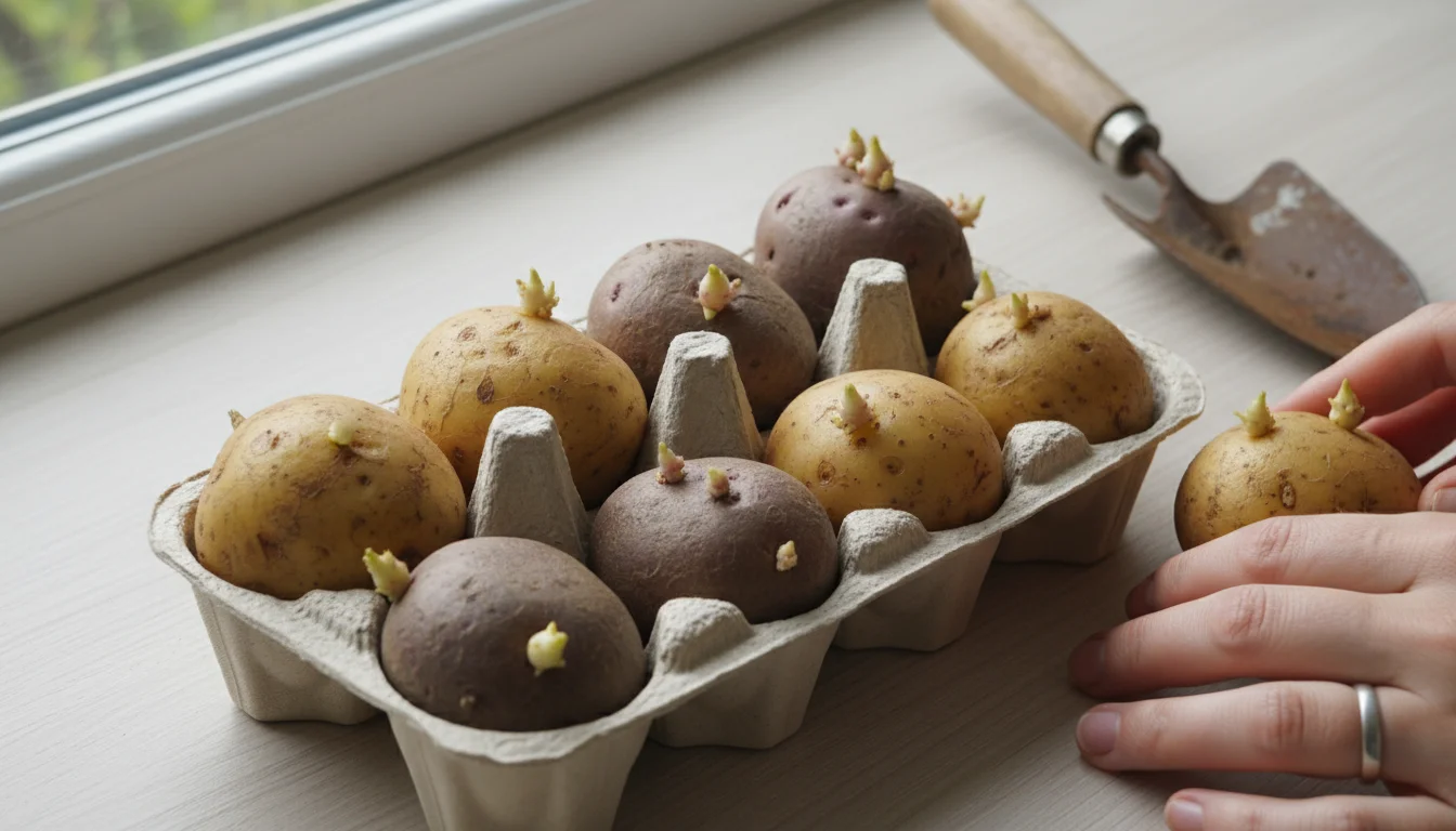 Close-up of seed potatoes with small sprouts 'chitting' in a recycled egg carton on a windowsill, hands carefully arranging them.