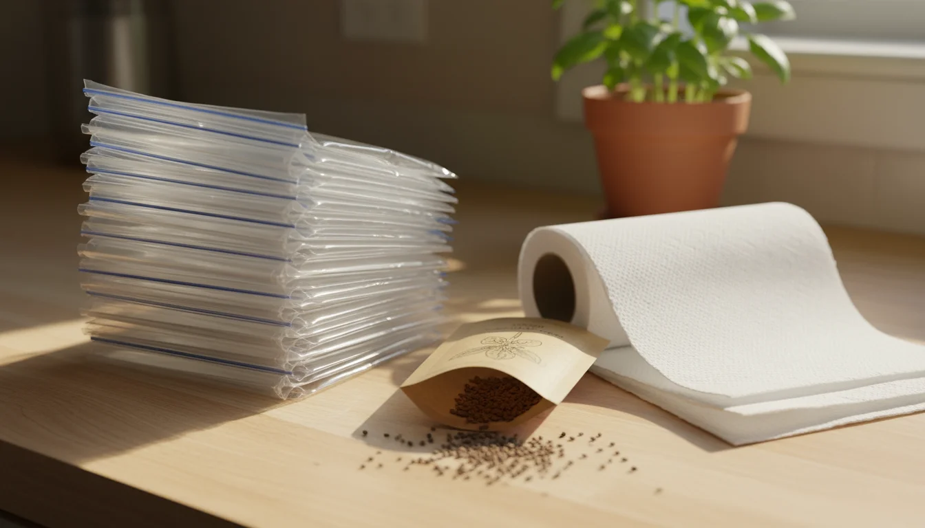 Close-up of seed-starting essentials: clear Ziplock bags, plain paper towels, and tiny seeds from an open packet on a sunlit wooden counter.