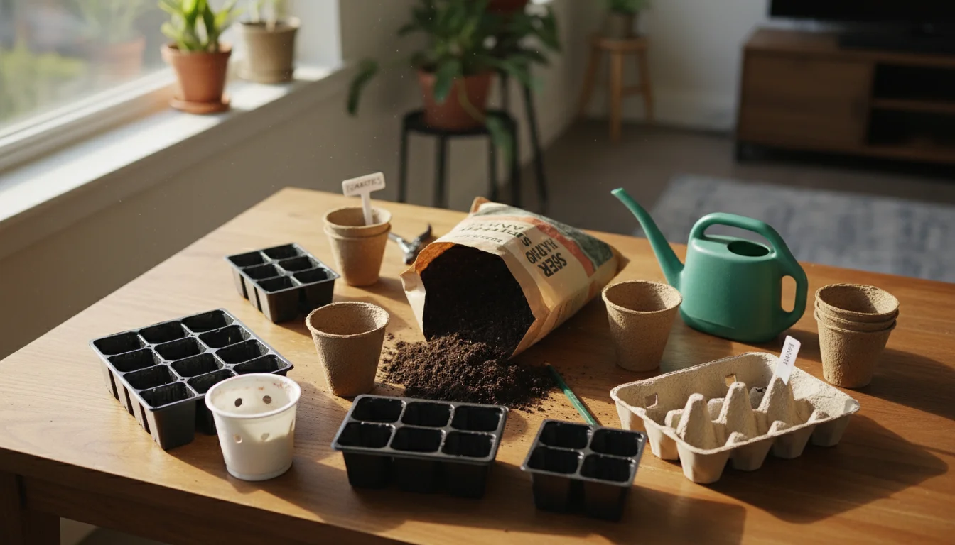 Overhead shot of seed starting supplies: bag of mix, plastic cell packs, peat pots, yogurt cup, and egg carton on a wooden table.
