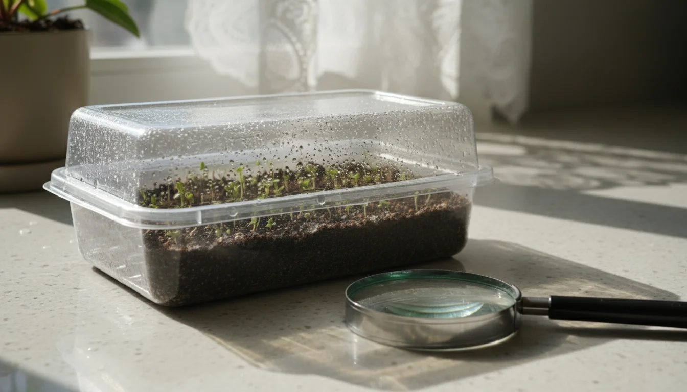 Clear seed-starting tray with tiny green African Violet seedlings on moist soil. A magnifying glass rests nearby. In background, a blooming African Vi