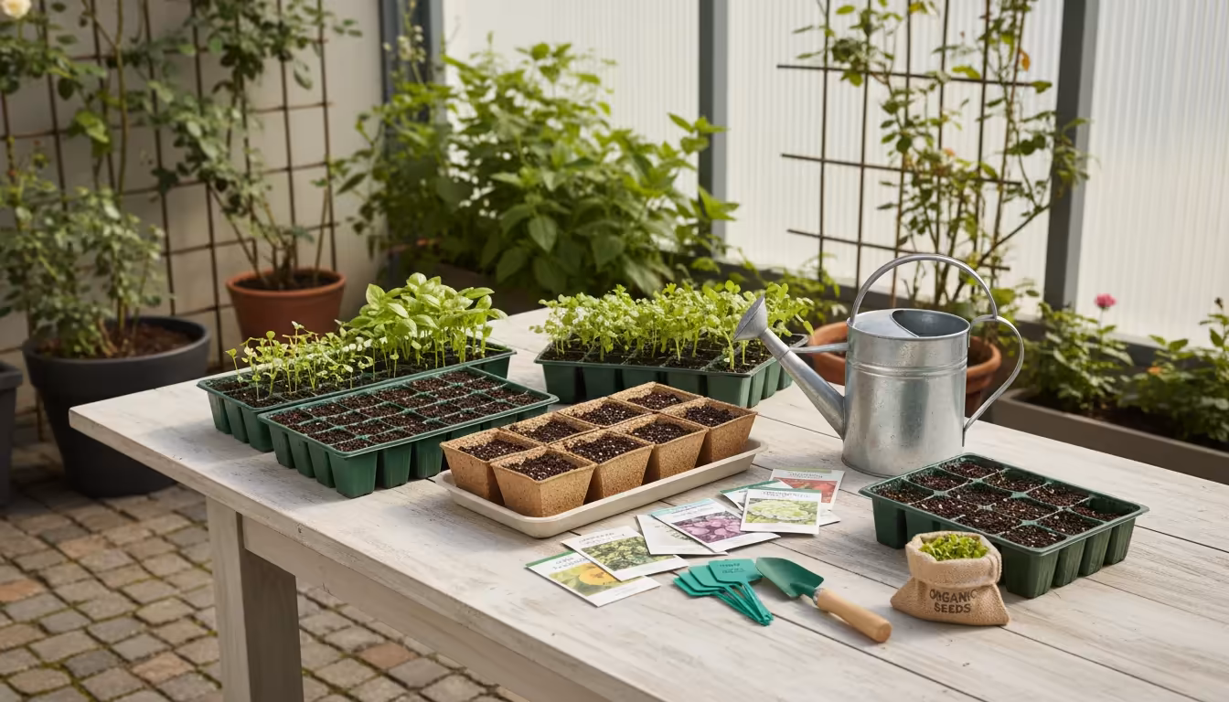 Elevated seed starting trays with young seedlings resting on a wire rack above a bottom tray on a sunny patio table, illustrating good drainage.