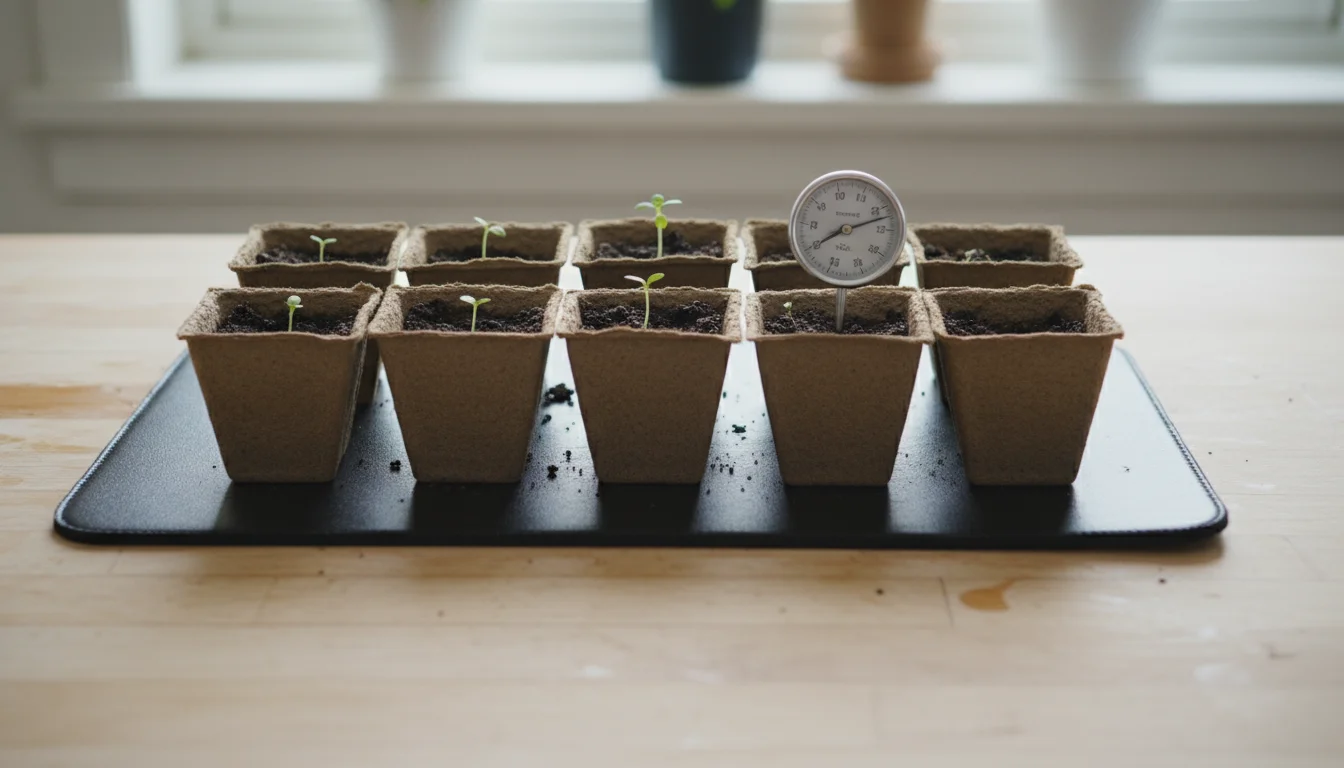 A seedling heat mat on a kitchen counter warms small seed-starting trays. Tiny green sprouts emerge from moist soil, with a thermometer showing ideal 