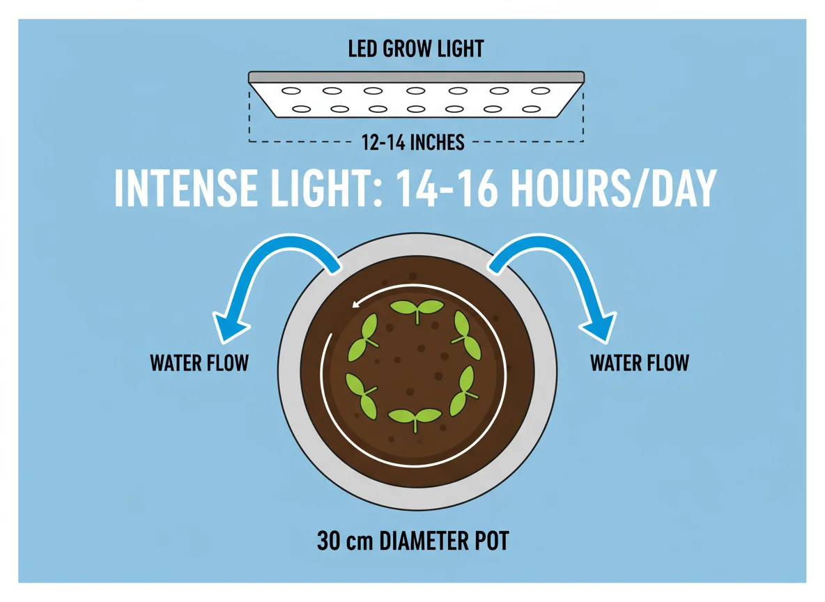 Seedling pot diagram: 30cm pot, 14-16 hours intense light, water flow arrows, & labels indicating inches for plant size.