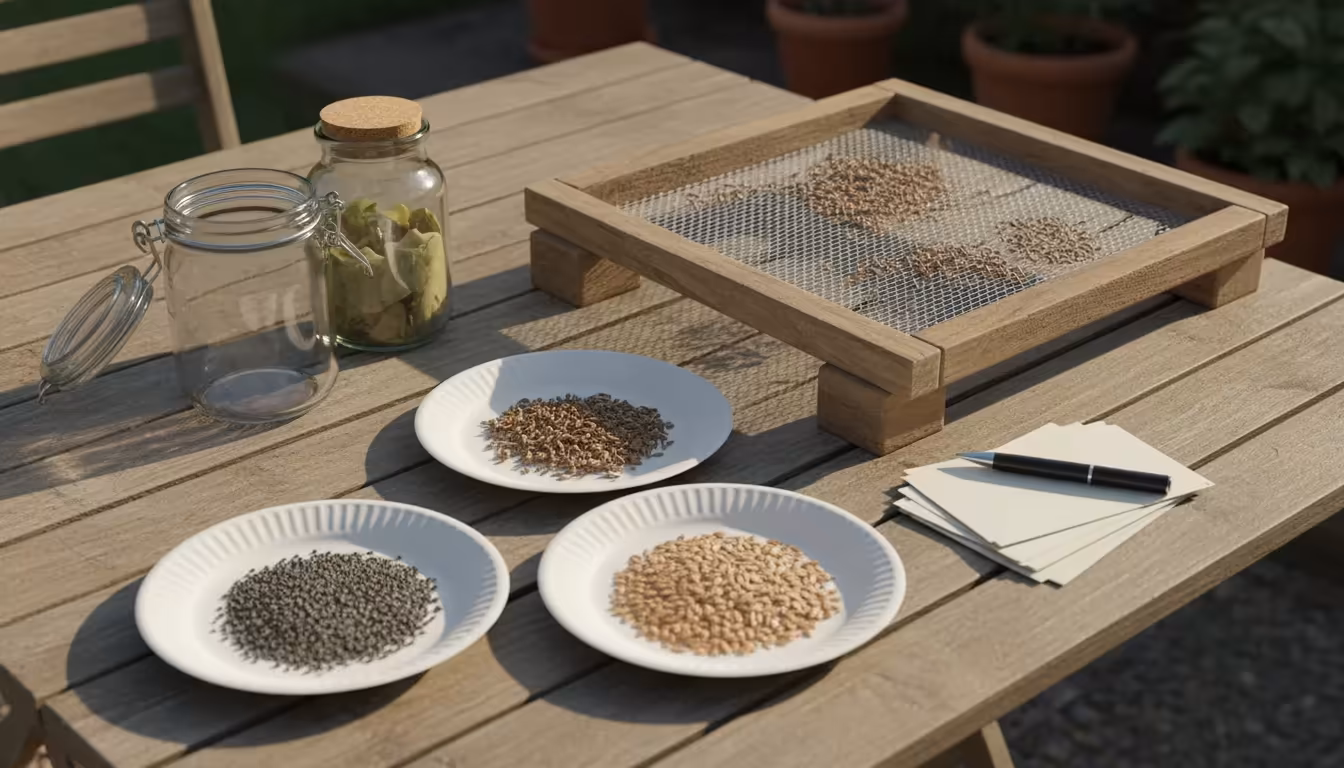 Overhead shot of seeds drying on paper plates and a DIY screen on a patio table, with glass jars and seed envelopes for storage.
