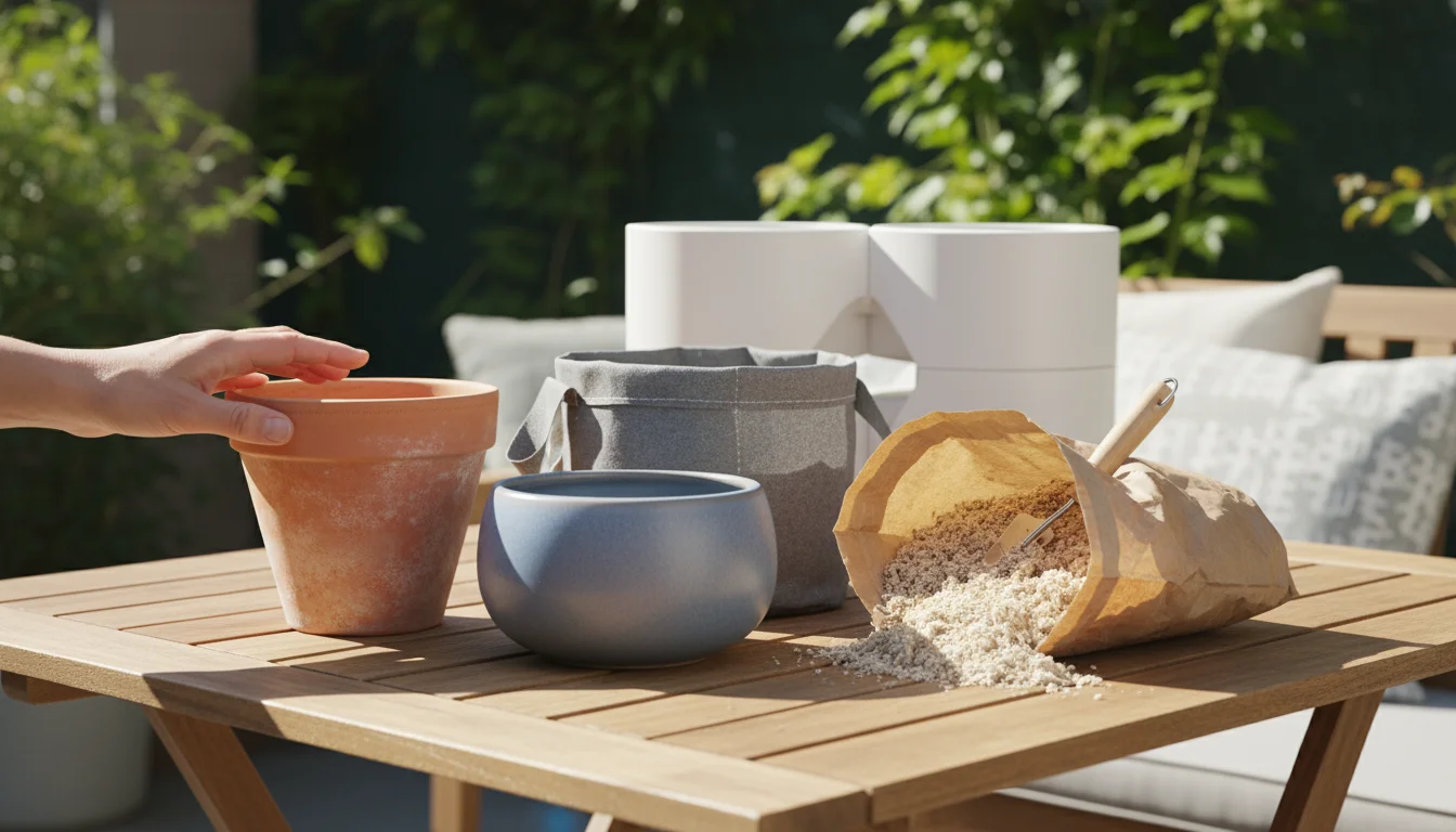 A selection of empty container garden pots, including terracotta, ceramic, fabric, and vertical planter sections, with an open bag of potting mix on a