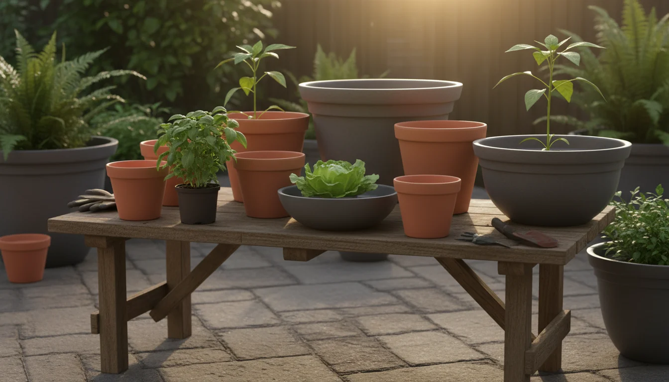 A selection of empty garden pots of various sizes, with young plant starts like basil and lettuce arranged next to their ideal pot sizes on a wooden b
