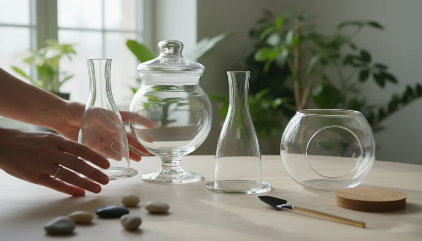 A selection of empty clear glass containers for terrariums, including jars and bowls, arranged on a wooden table, with hands examining one.