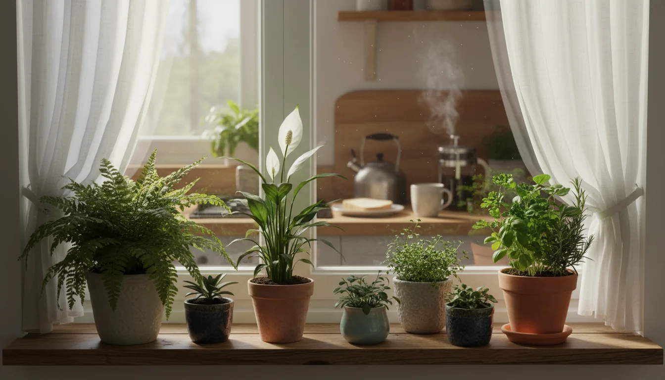 A selection of small, leafy houseplants and herbs thriving on a bright kitchen windowsill, bathed in soft morning light, showcasing a good plant locat