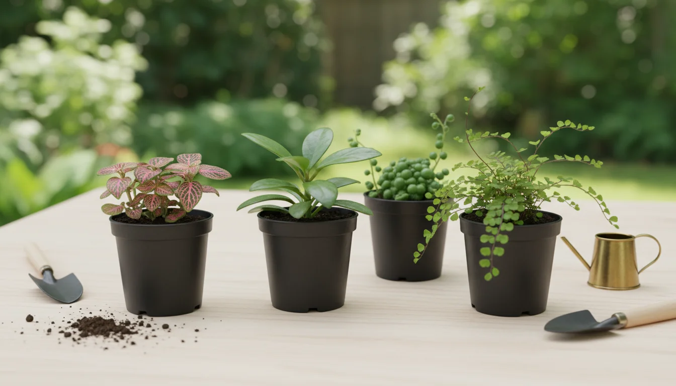 A selection of small, vibrant plants like Fittonia, Peperomia, and a fern in nursery pots, arranged with an open gardening journal and a measuring tap