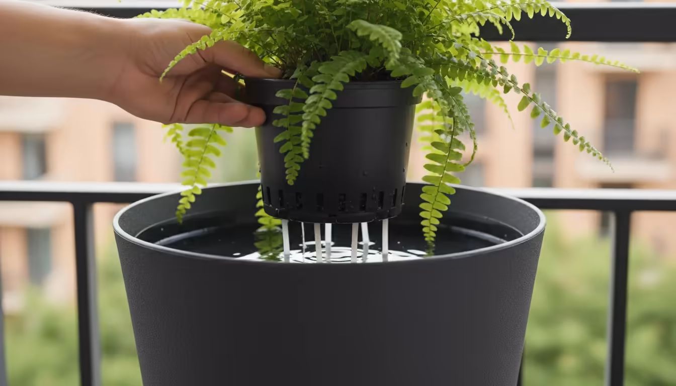 Close-up of a self-watering planter being assembled. A hand holds the inner pot with a plant above an outer reservoir showing water and wicks.