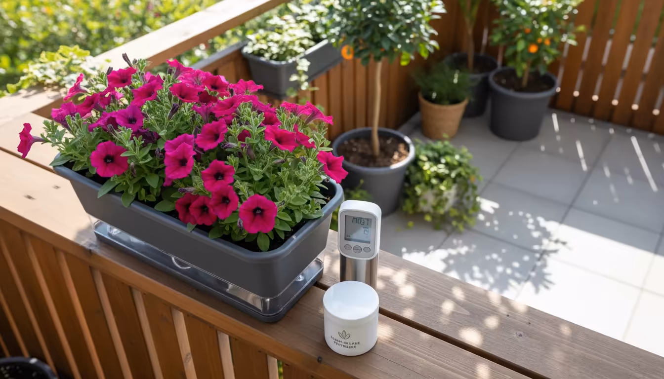 Overhead view of a self-watering planter with fuchsia, a soil moisture meter, and fertilizer on a balcony railing.