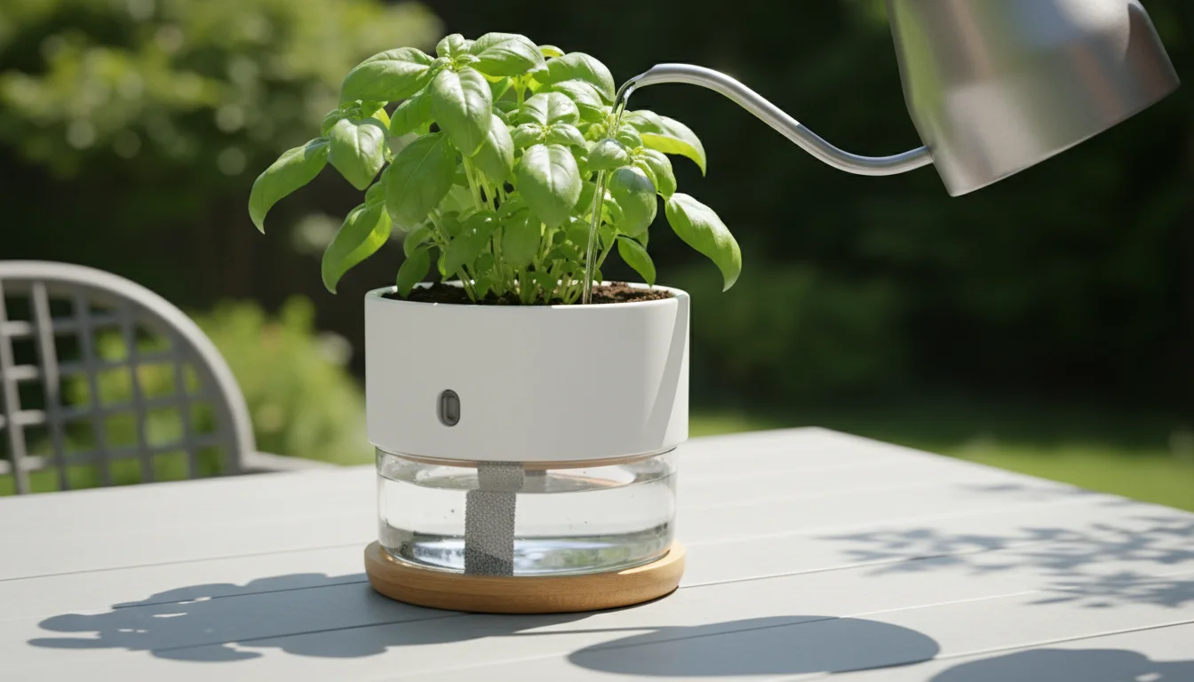 Close-up of a self-watering planter with its soil section slightly lifted, revealing the water reservoir and a fabric wicking strip, as water flows in